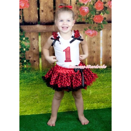 Halloween White Baby Pettitop with 1st Sparkle Red Birthday Number Print with Red Black Dots Ruffles & Black Bow with Red Black Dots Newborn Pettiskirt NG1247 